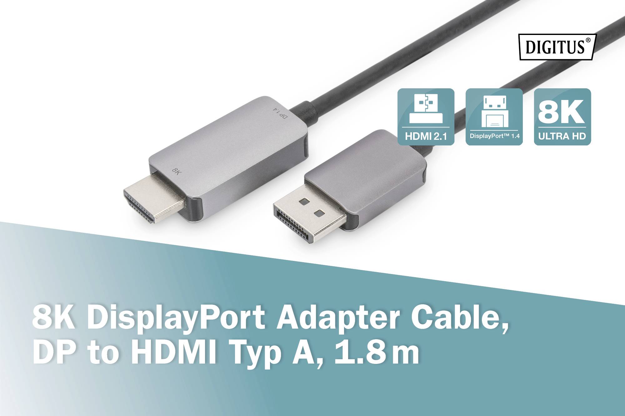 '8K DisplayPort adapterkabel, DP naar HDMI Type A, 1,8m' met afbeeldingen van twee stekkers en logo's 'HDMI 2.1', 'DisplayPort 1.4', '8K Ultra HD'.