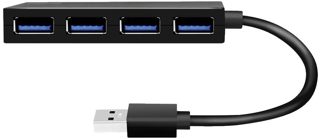 Zwarte USB-hub met vier blauwe aansluitingen en een kort USB-kabel.