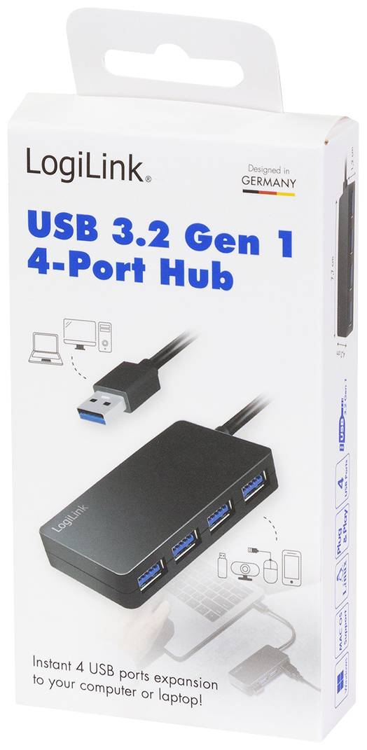 Verpakking van een LogiLink USB 3.2 Gen 1 4-Poorts Hub met afbeeldingen van het product en aansluitingsdetails. Ontworpen in Duitsland.