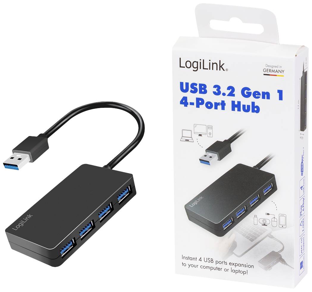 USB 3.2 Gen 1 4-Poorts Hub van LogiLink. Zwarte hub met vier blauwe USB-poorten en meegeleverde kabel. Verpakking rechts in beeld.
