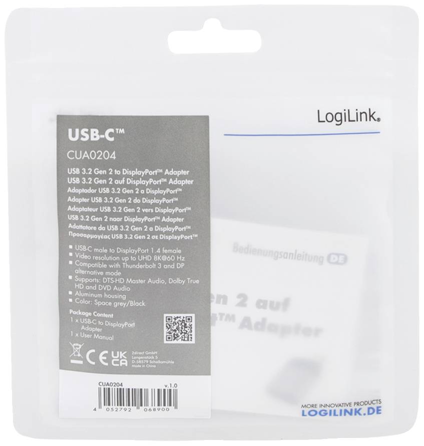 LogiLink USB-C naar DisplayPort Adapter-verpakking. Bevat adapter-specificaties zoals USB 3.2 Gen 2 compatibiliteit en 8K-ondersteuning.