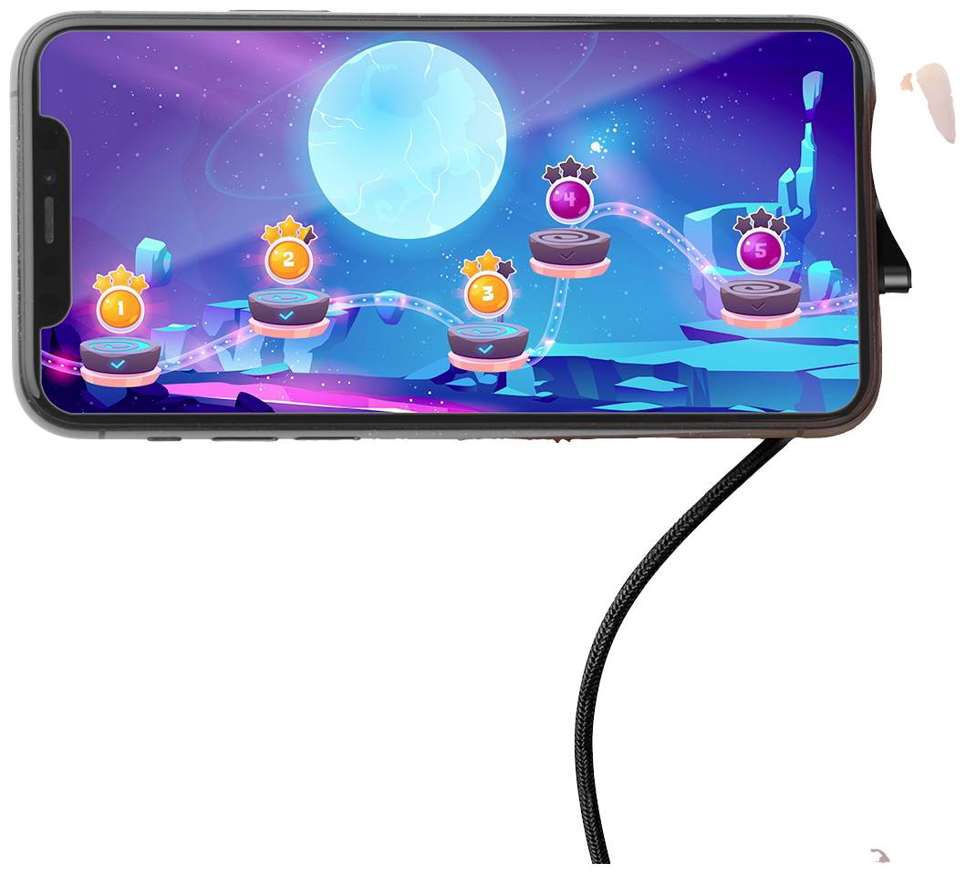 De afbeelding toont een mobiele telefoon met een kleurrijk spel. Vijf genummerde levels zijn weergegeven in een futuristische landschap met een oplichtende maan.