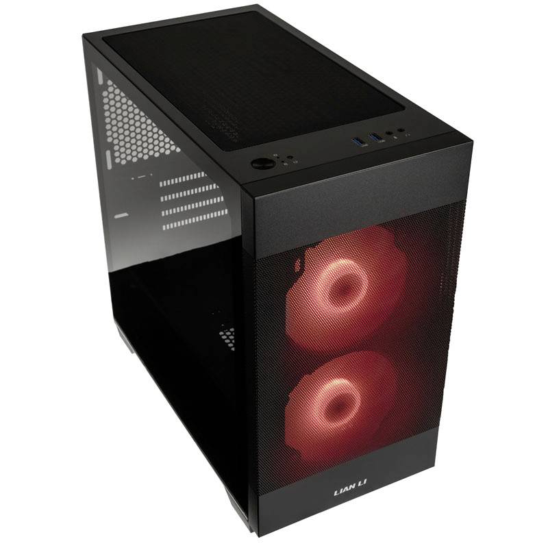 Zwart pc-behuizing met rode LED-verlichte ventilatoren aan de voorkant, gedeeltelijk transparante zijkant.