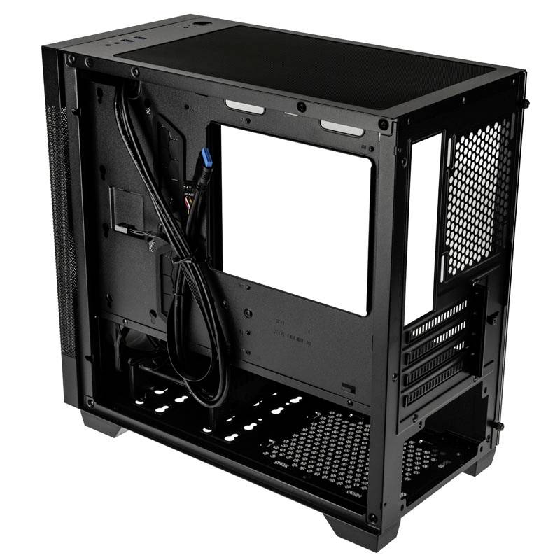 Zwart computerbehuizing zonder voorpaneel, toont binnenkant met kabelmanagement en ventilatorbevestigingen. Ideaal voor pc-assemblage.