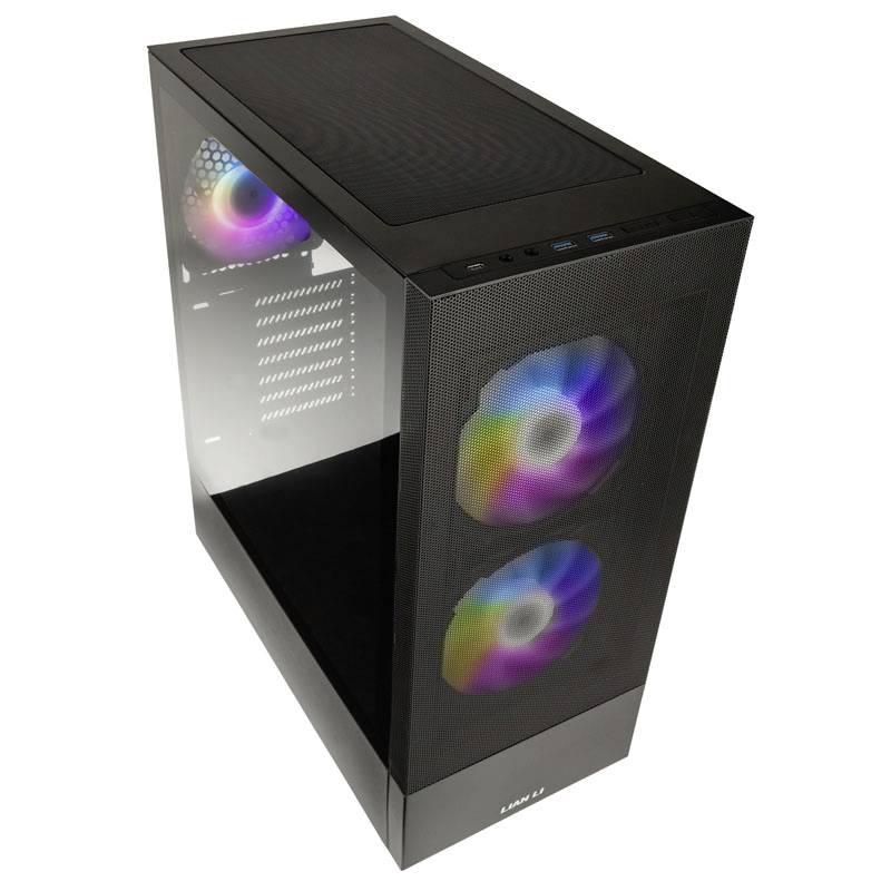 Een zwarte pc-behuizing met twee grote, verlichte ventilatoren aan de voorkant en een glazen zijkant die RGB-kleuren toont. Geschikt voor de bouw van een gaming-pc.