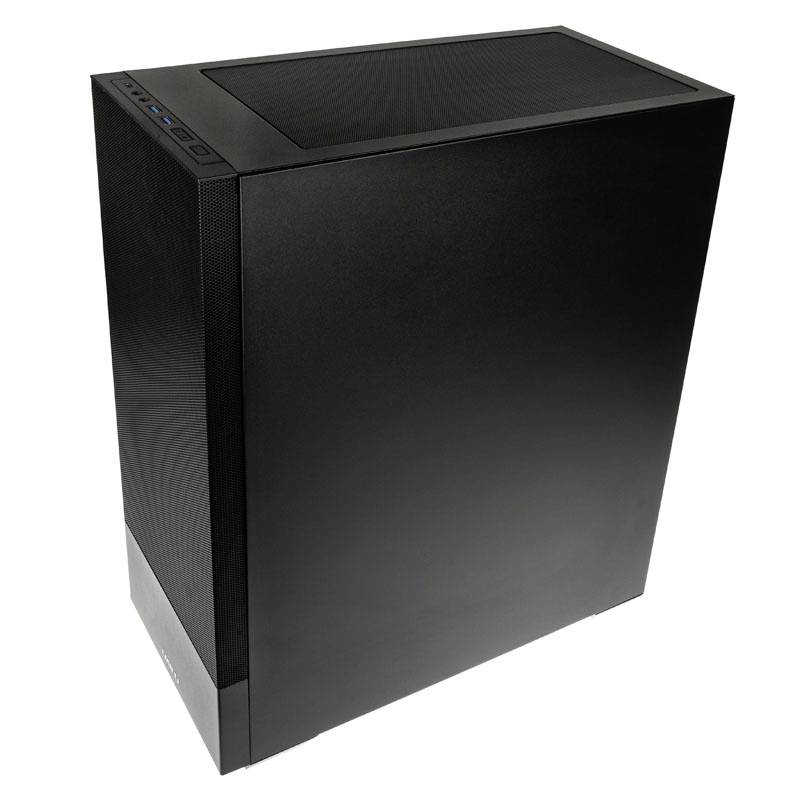Zwart computerbehuizing met USB-poorten en ventilatierooster aan de bovenkant, minimalistisch en strak ontworpen.