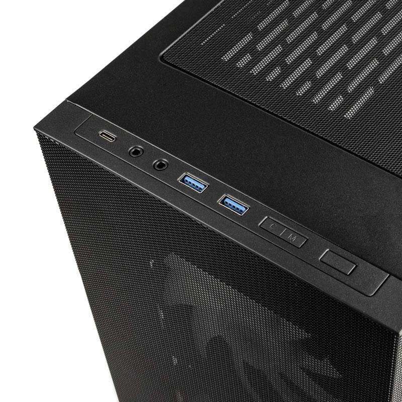 Zwart computerbehuizing met USB-poorten en ventilatierooster bovenaan. Elegant ontwerp, geschikt voor desktopcomputers.