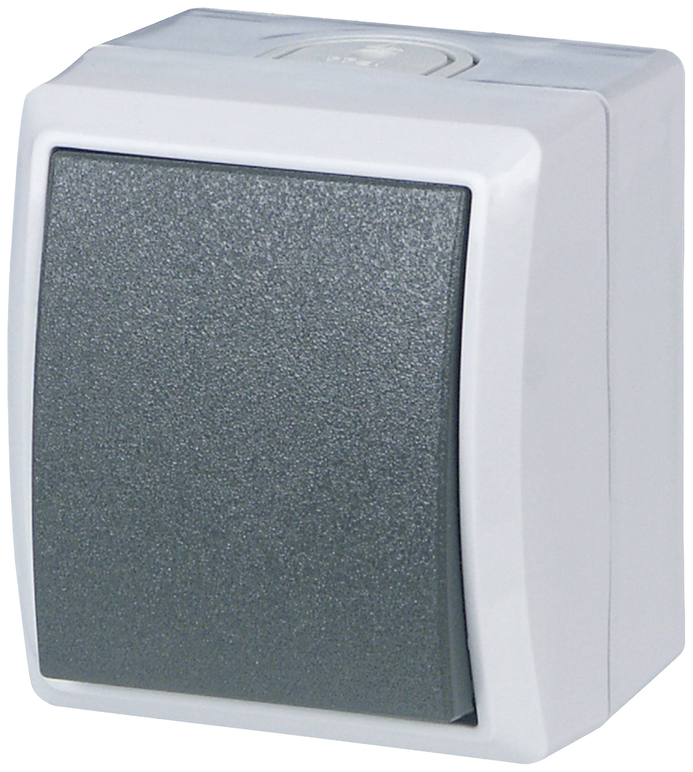Een grijze wandschakelaar met een zwart kanteloppervlak, rechthoekig, voor het bedienen van verlichting of elektrische apparaten.