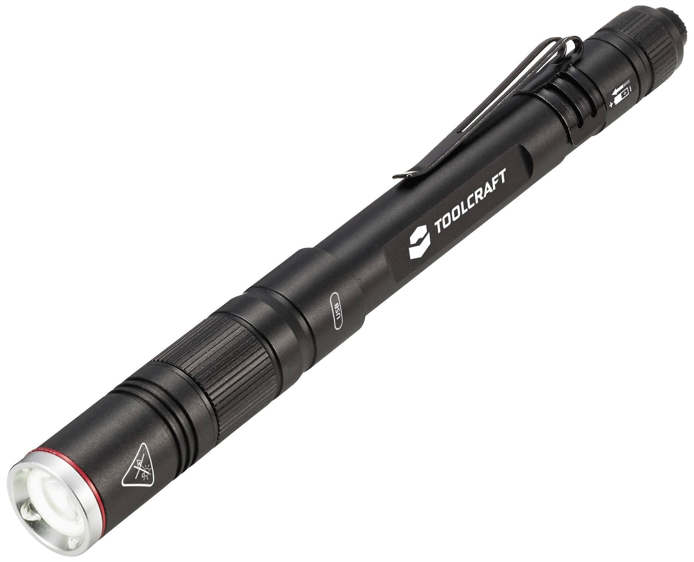 Zwarte pen-zaklamp met clip, merk 'TOOLCRAFT'. Ideaal voor nauwkeurige verlichting in nauwe of moeilijk bereikbare ruimtes.