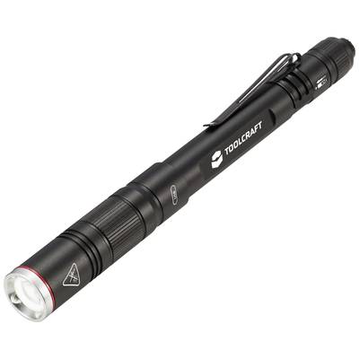 Zwarte pen-zaklamp met clip, merk 'TOOLCRAFT'. Ideaal voor nauwkeurige verlichting in nauwe of moeilijk bereikbare ruimtes.