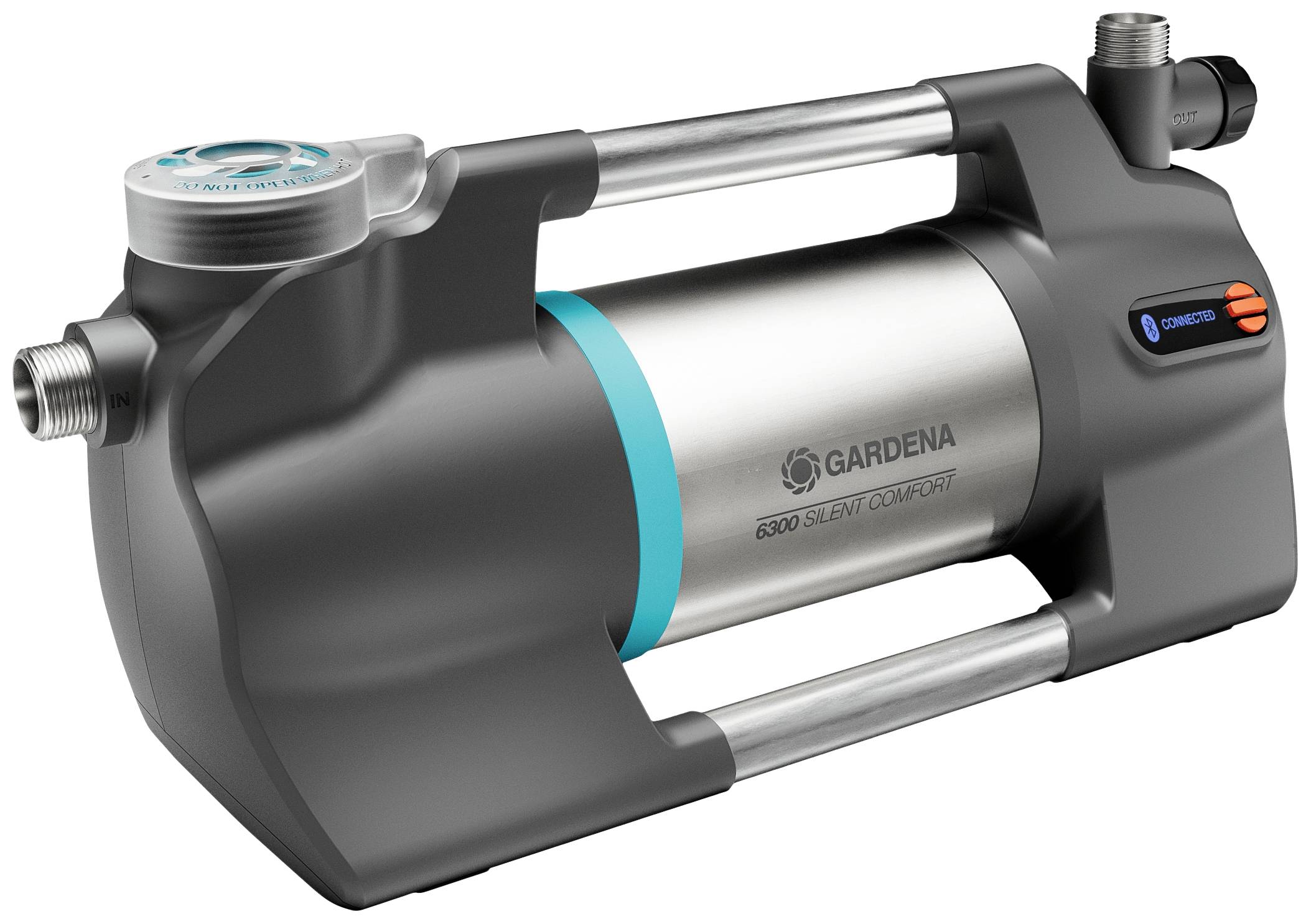 Een zilveren en zwarte waterdrukversterker van Gardena, model 6300 Silent Comfort, met aansluitingen aan beide uiteinden.