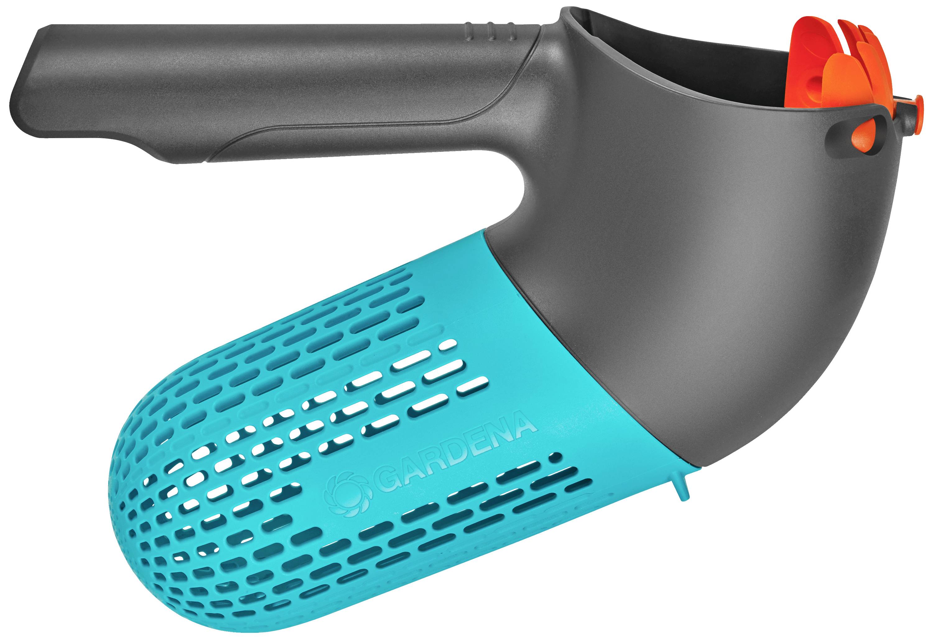 Handapparaat met ergonomische handgreep, grijze behuizing en een geperforeerde turkooizen mand aan de voorkant. Ideaal voor het verzamelen van kleine voorwerpen.