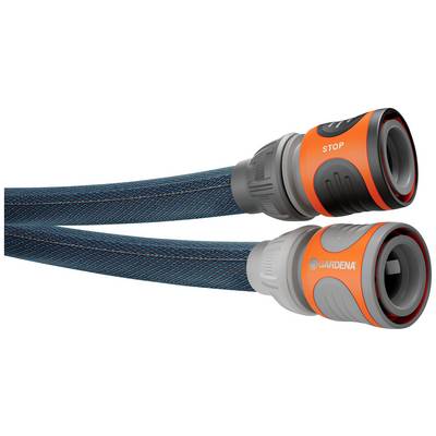 Twee waterdichte tuinslangaansluitingen in blauw en oranje, waarvan één met de opdruk 'STOP', verbonden door een flexibel slangstuk.