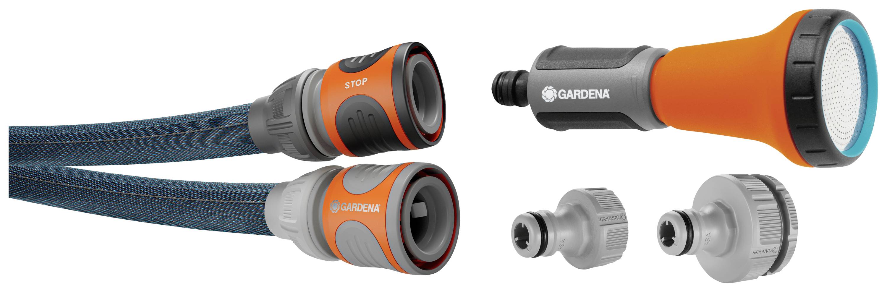Tuinslangaansluiting-set met twee slangen en vijf accessoires voor irrigatie. Inclusief sproeimond en adapter.