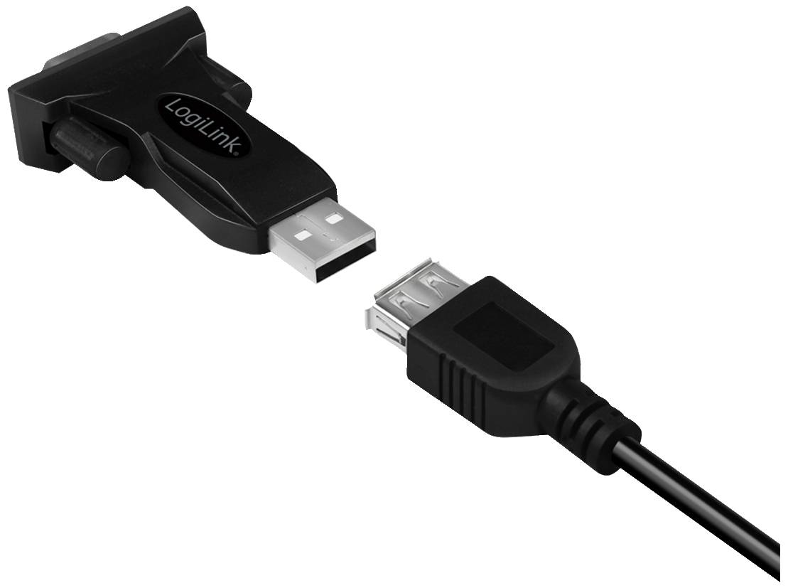 USB-adapter van LogiLink met schakelaar, met twee USB-stekkers voor het verbinden en ontkoppelen van apparaten.