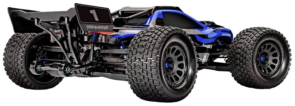 Een blauwe bestuurbare racewagen met grote terreinbanden en het nummer '1' op de spoiler.