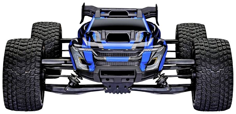 Blauw-zwarte op afstand bestuurbare auto met grote, robuuste wielen, vooraanzicht.