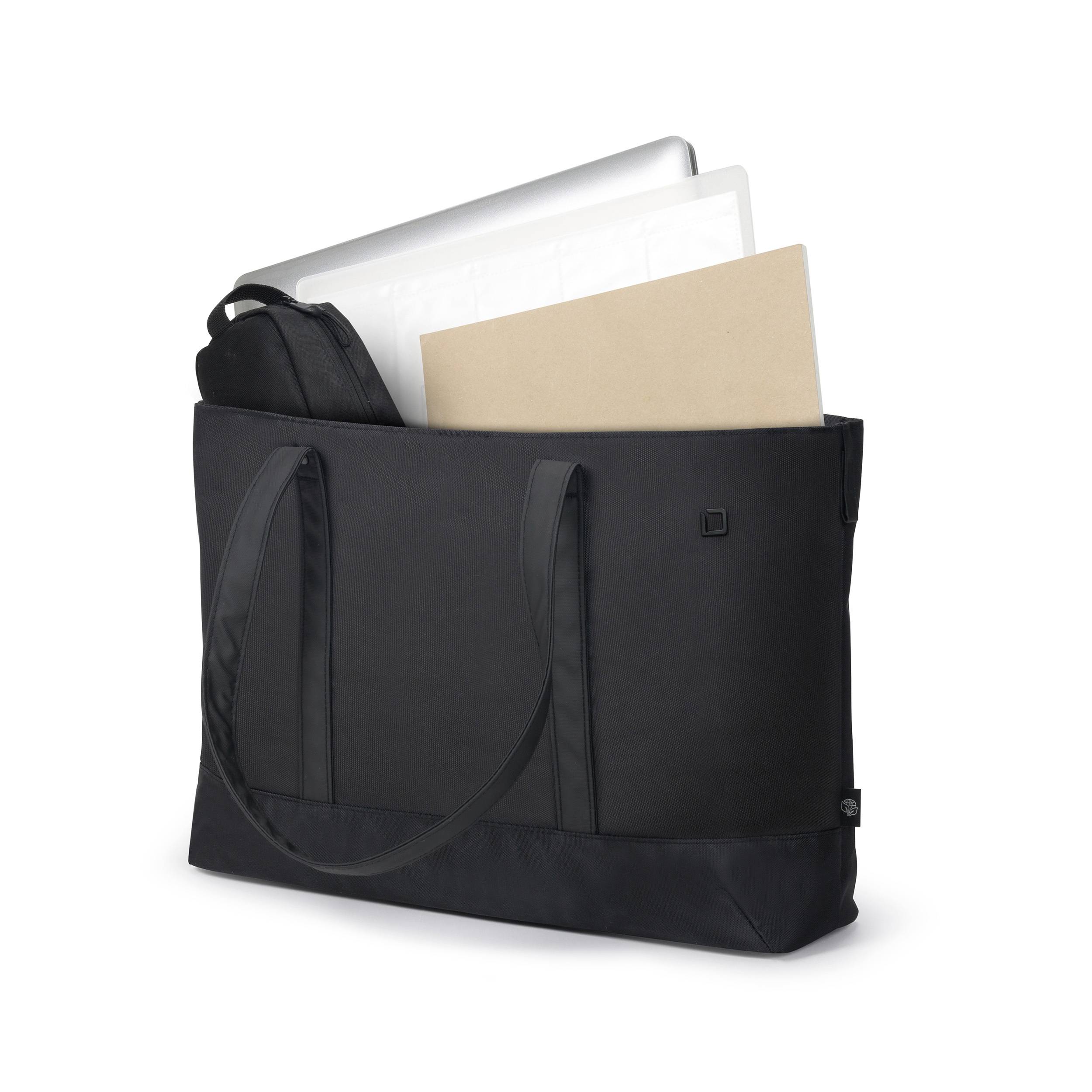Zwarte laptoptas met twee lange handgrepen, geschikt voor laptop en mappen.