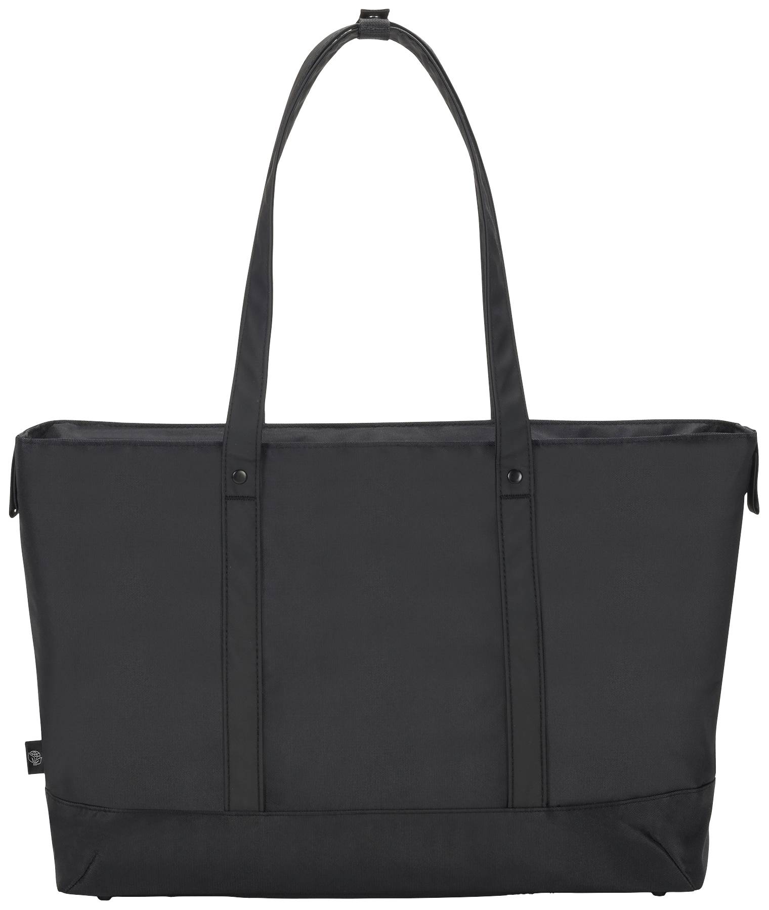 Zwarte, rechthoekige tas met twee lange draagrepen; een eenvoudig en elegant ontwerp.