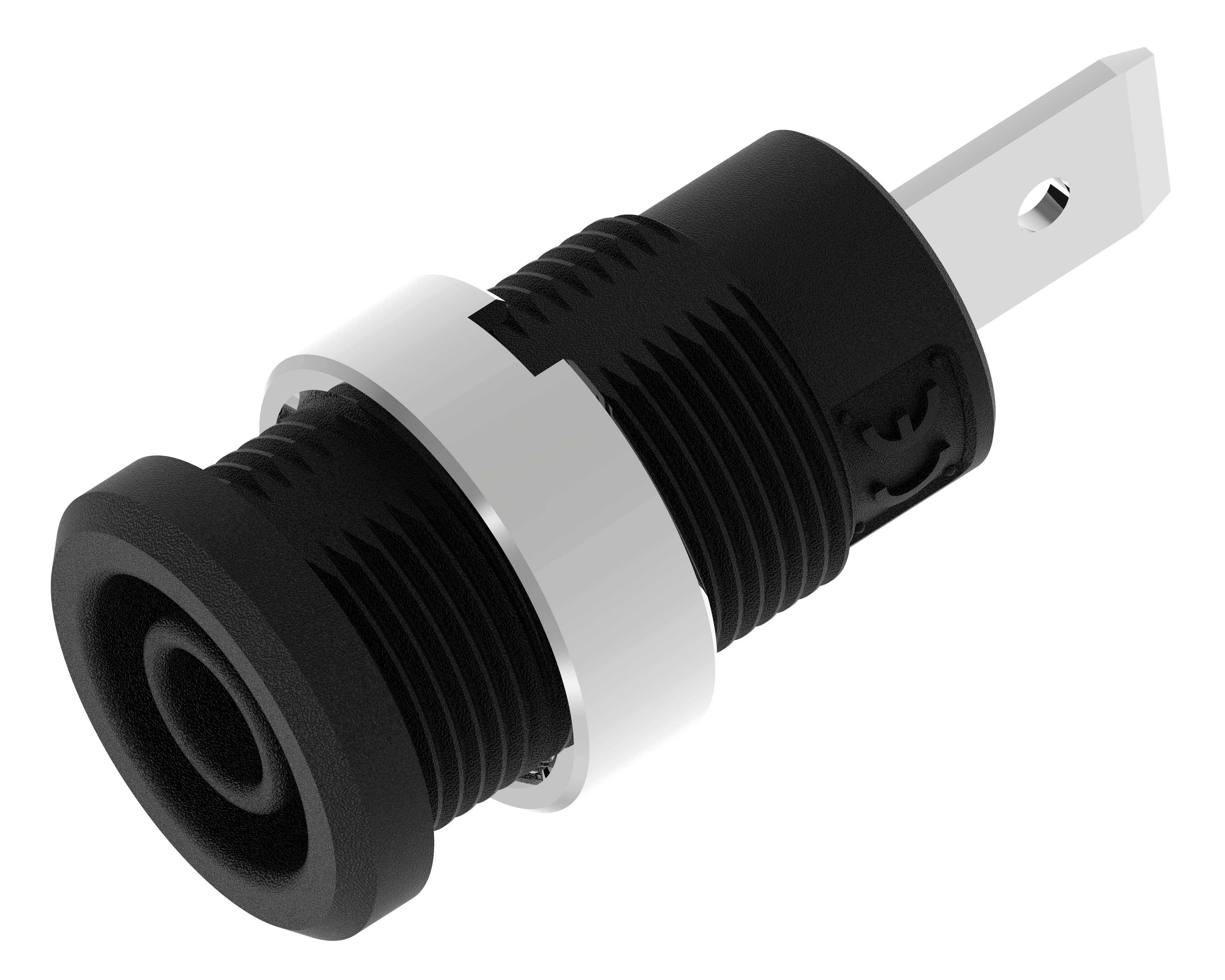 Een zwarte en zilveren connector, liggend geplaatst. De connector heeft een rond uiteinde en twee bevestigingsgaten.