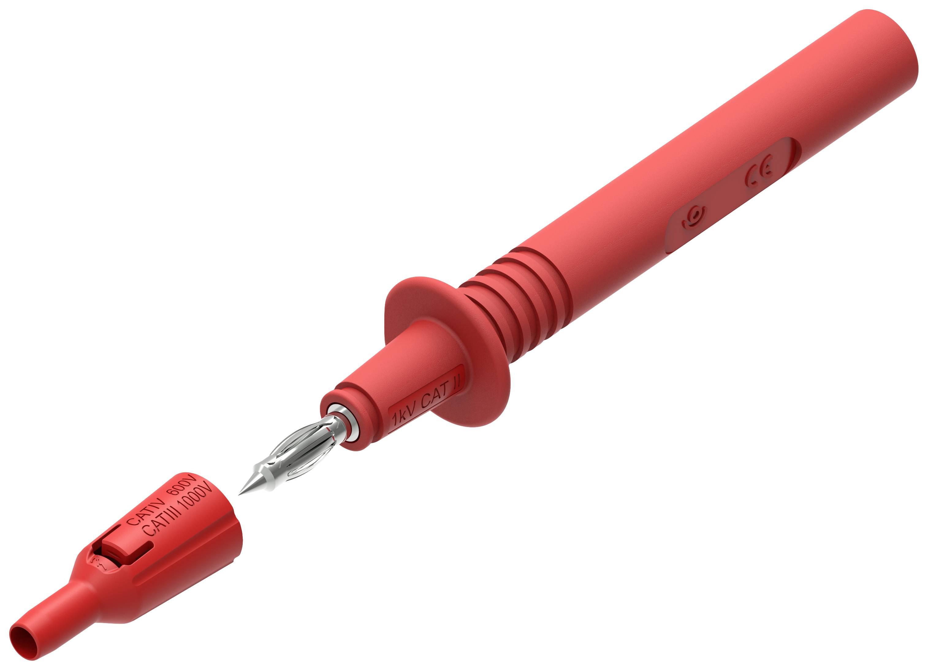 Een rode spanningszoeker met afneembare dop en metalen punt, geschikt voor elektrische testen. Markeringen tonen model- en veiligheidsinformatie.