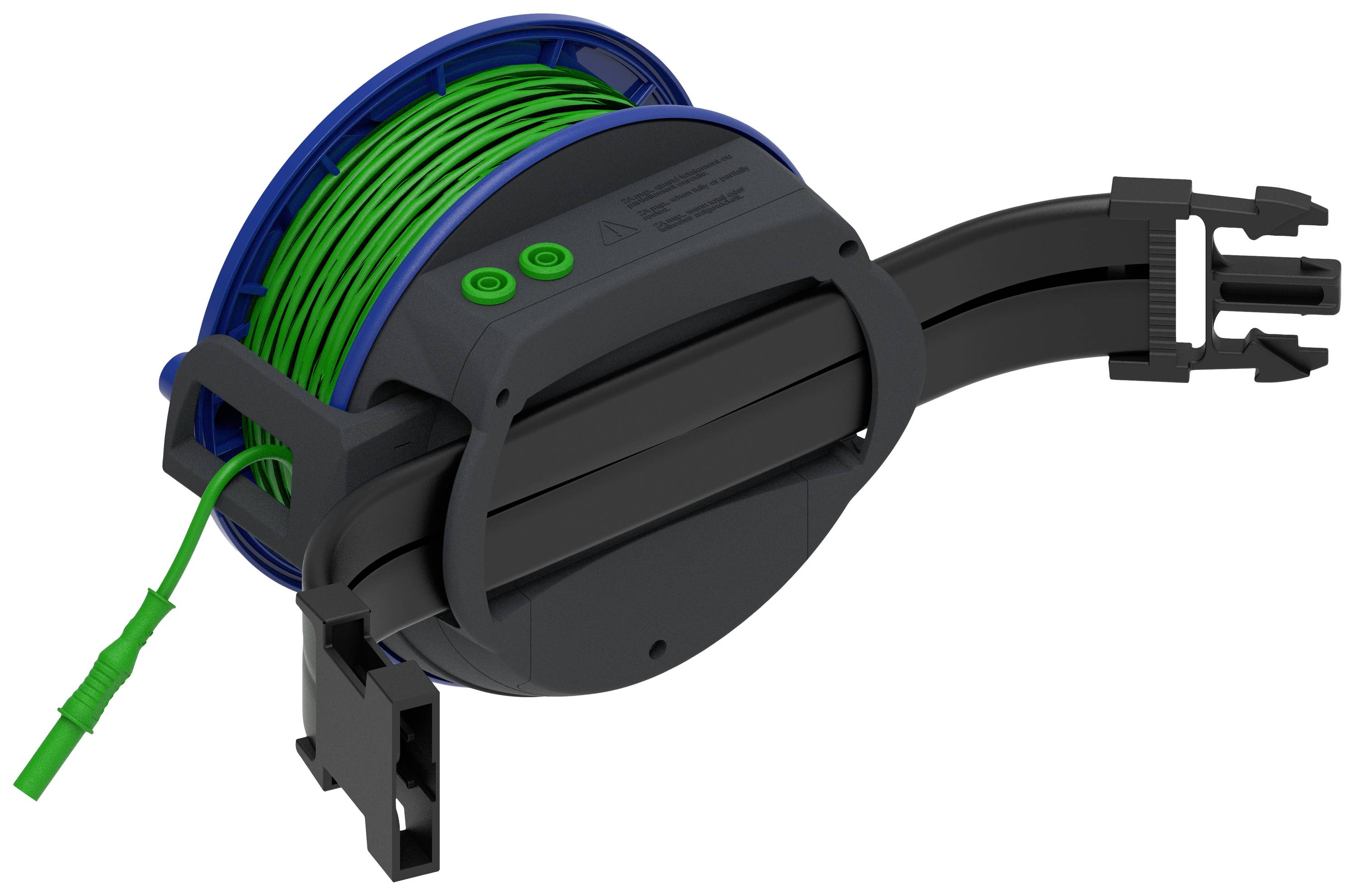Zwarte kabelhaspel met groen kabel en blauwe accenten. Geschikt voor kabelopwikkeling in buitengebieden, voorzien van haakhouder.