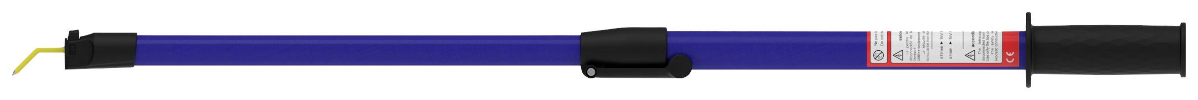 Een blauwe elektrische spanningzoeker met een zwarte handgreep en haak. Wordt gebruikt om elektrische spanning te testen op moeilijk bereikbare plaatsen.