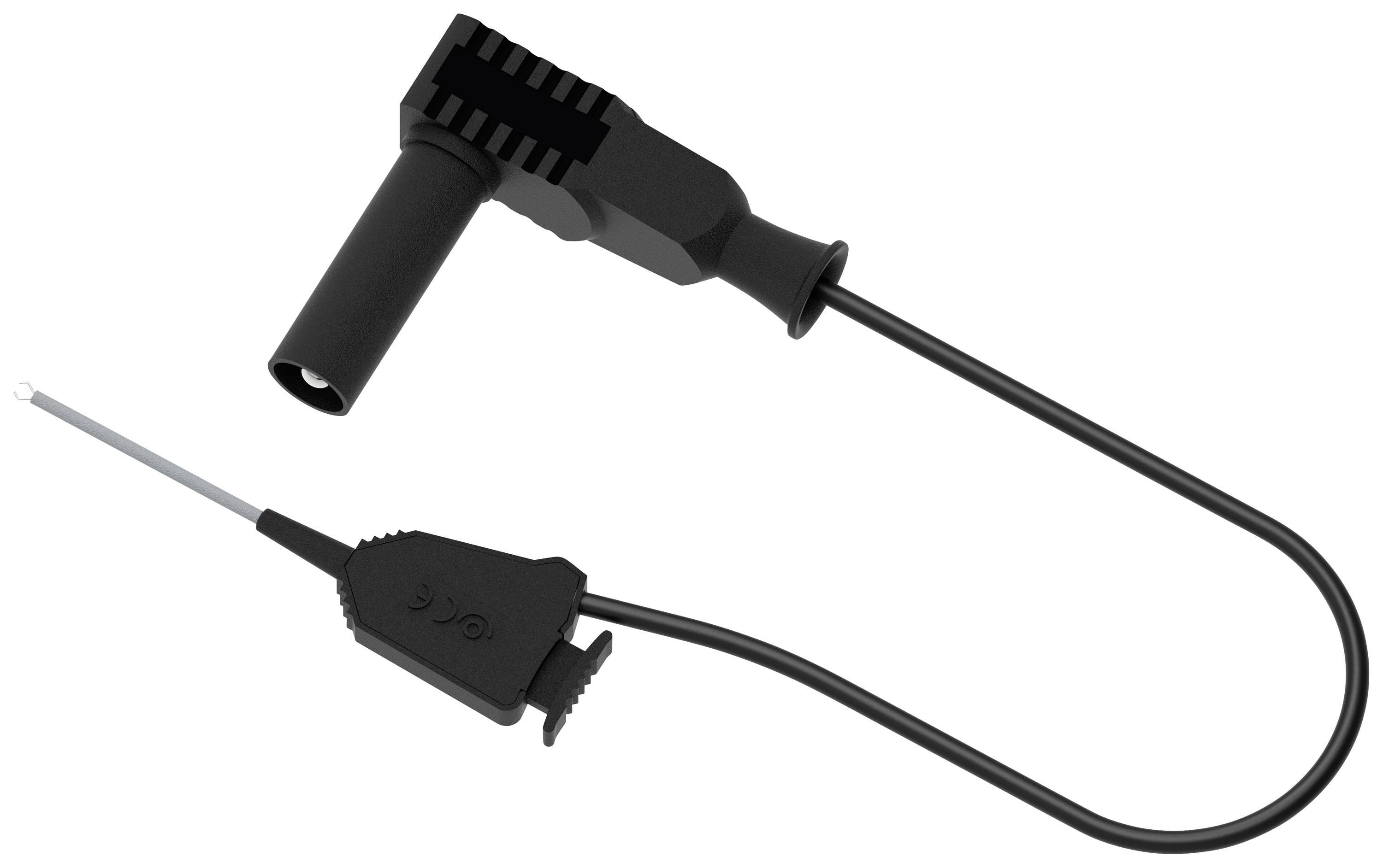 Een zwarte bougie-kabel met een haakse connector en een rechte connector aan de andere kant. Wordt gebruikt voor de verbinding tussen bobine en bougie.