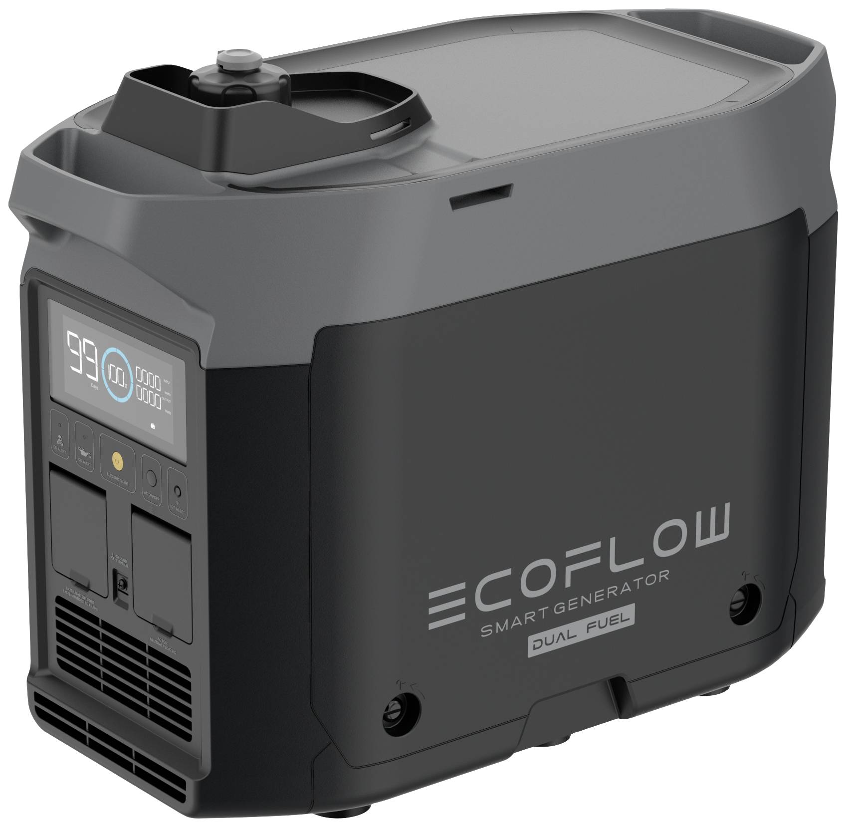 Een zwarte draagbare generator met het opschrift 'EcoFlow Smart Generator Dual Fuel'. Toont een digitaal display en enkele bedieningselementen.