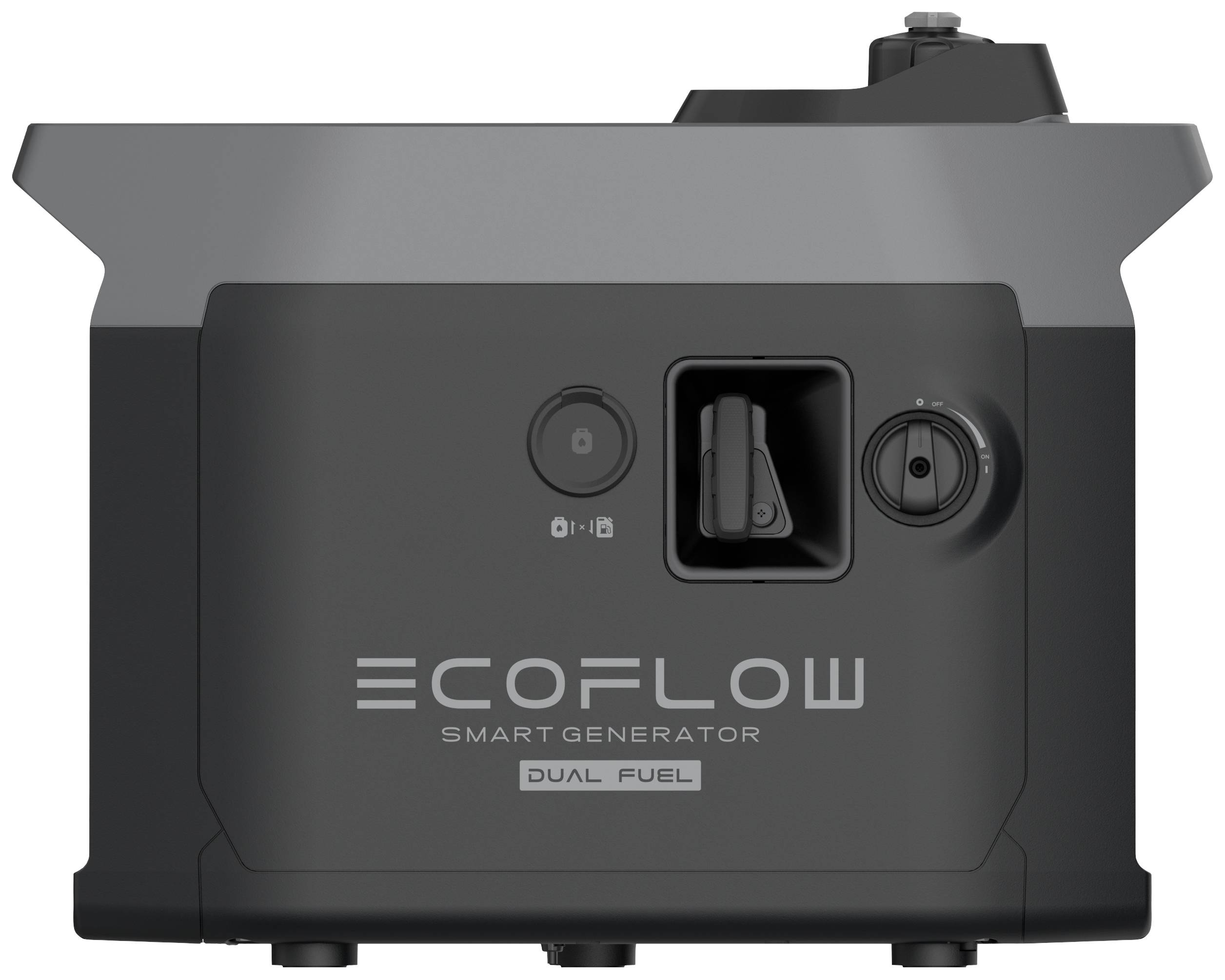 Een zwarte EcoFlow Smart Generator, Dual-Fuel-model. Centraal display met schakelaars en aansluitingen, compact ontwerp.