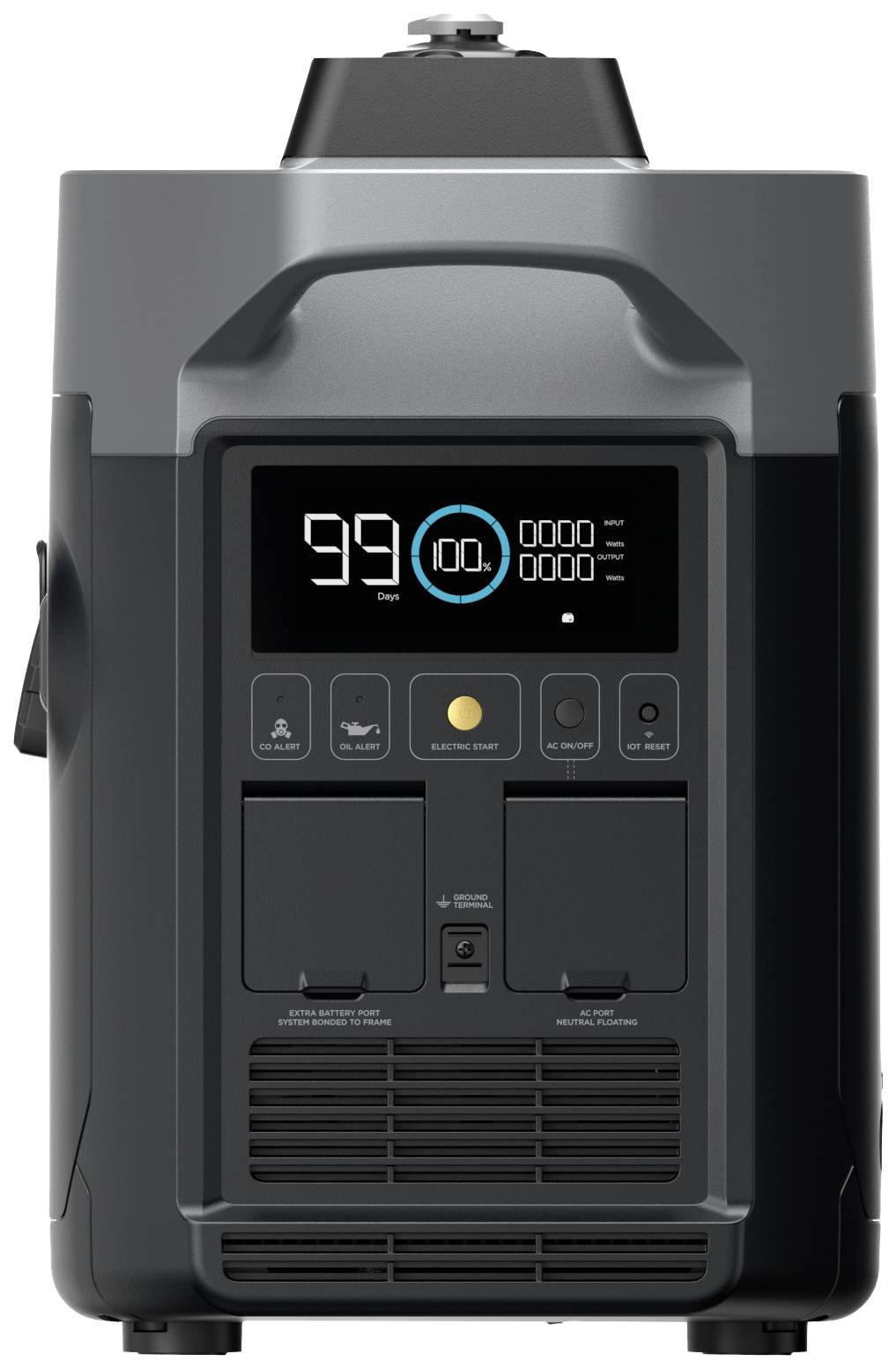 Draagbaar krachtstation met display toont accustatus van 99%. Verschillende aansluitingen en bedieningselementen zichtbaar, geschikt voor veelzijdige stroomvoorziening.