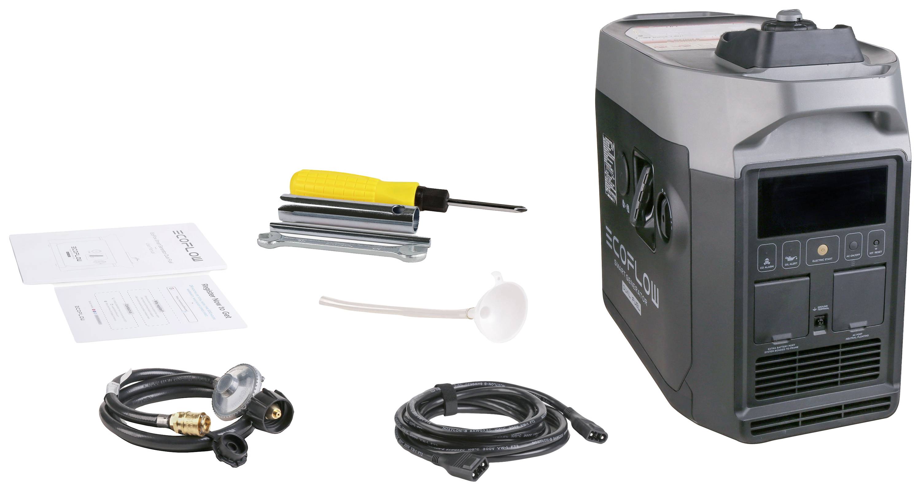 Draagbare stroomgenerator met kabels, schroevendraaier en gebruiksaanwijzing. Ideaal voor mobiele stroomvoorziening.