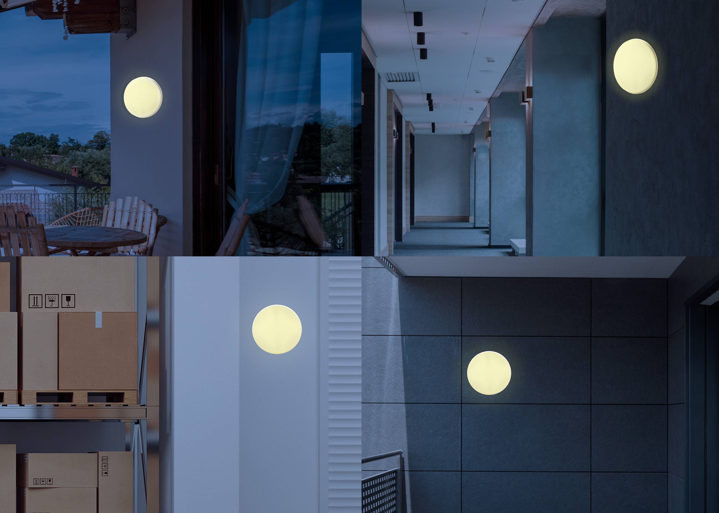Een cirkelvormig licht schijnt in verschillende omgevingen: op een balkon, in een gang, in een opslagruimte en naast een gebouw.