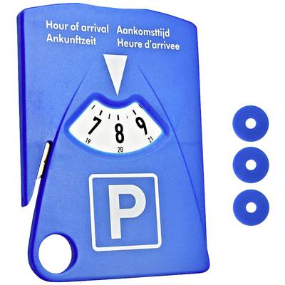 Blauwe parkeerkaart met 'Aankomsttijd' in meerdere talen. Wijzer staat op 8 uur. Bevat een 'P'-symbool voor parkeerplaats.
