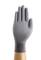Grijze werkhandschoen op een hand, handpalm naar voren gericht, met een elastische manchet bij de pols.