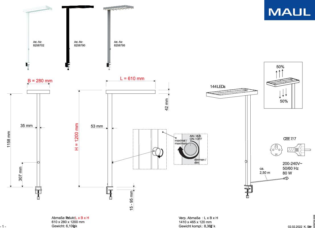 Technische tekening van een LED-lamp met afmetingen. Toont vooraanzicht en zijaanzicht, gedetailleerd besturingsoverzicht en montagehandleiding.