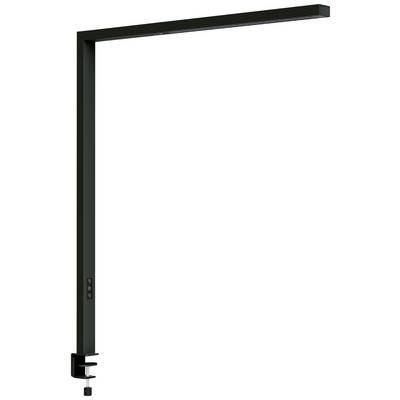 Zwarte tafellamp met een slanke, moderne vormgeving. L-vormig met klembevestiging, ideaal voor ruimtebesparende verlichting op bureaus.