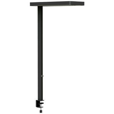 Zwarte LED-bureaulamp met rechthoekige kop en in hoogte verstelbare arm, bevestigd met een klem aan de rand van een tafel.