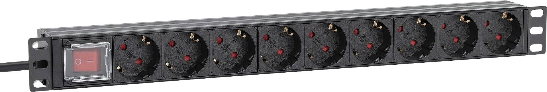 Zwarte stekkerdoos met acht stopcontacten en rode netschakelaar, horizontaal georiënteerd, geschikt voor 19-inch rackmontage.