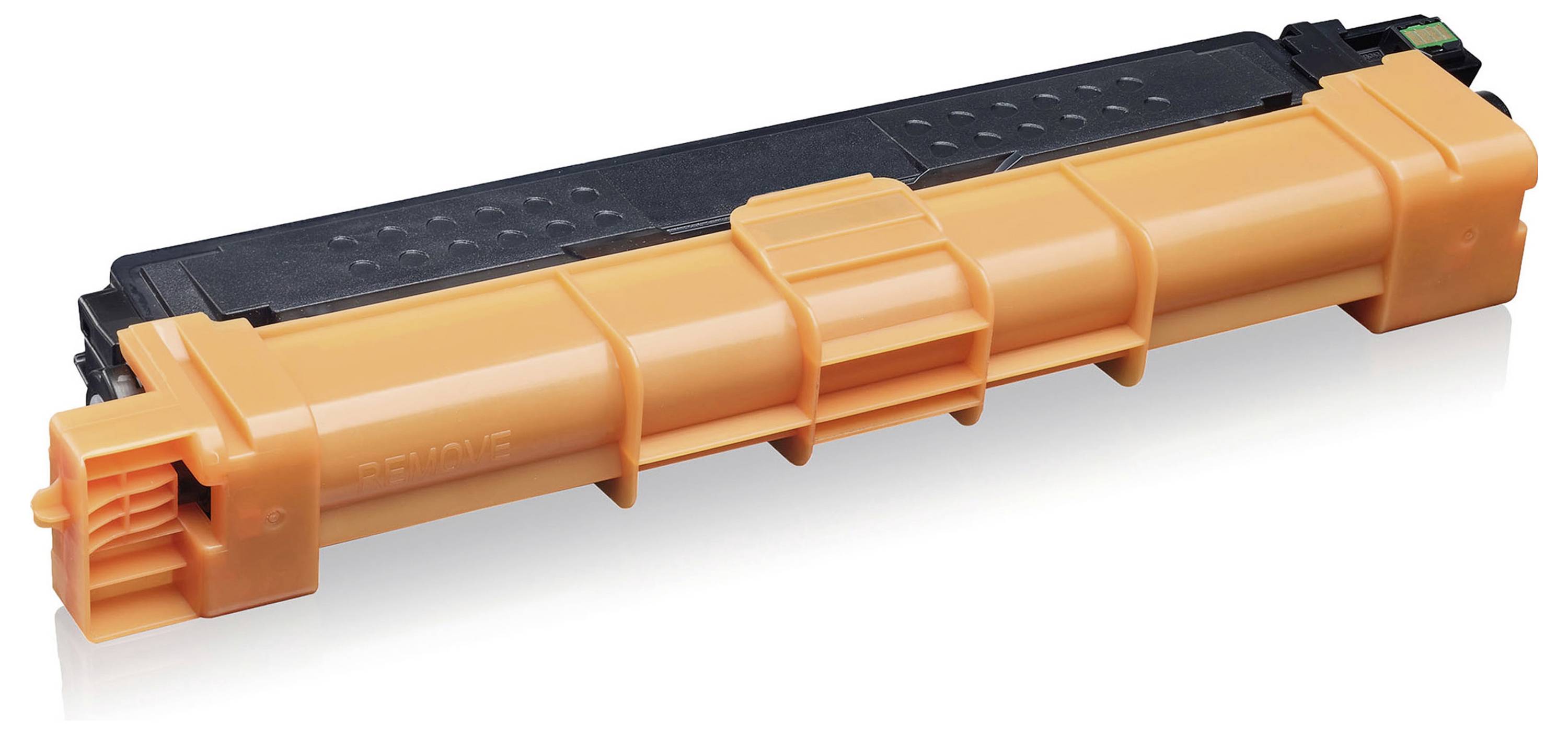 Oranje en zwarte printertoner cartridge op een witte achtergrond, weergegeven in perspectiefweergave.