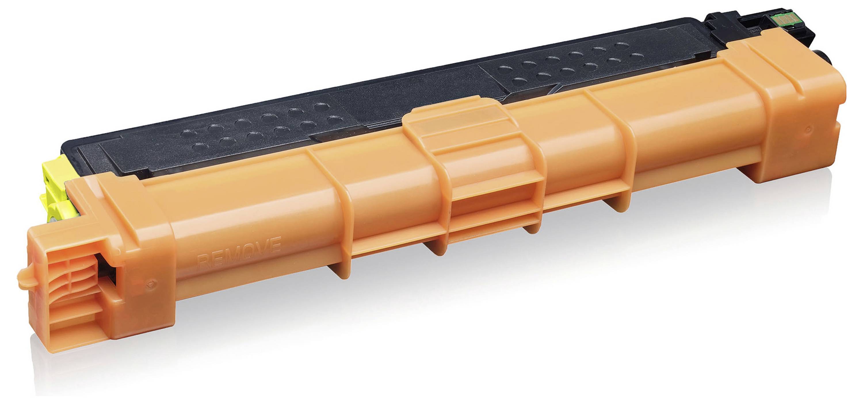 Oranje en zwarte tonercartridge met gele eindkap, weergegeven geïsoleerd op een witte achtergrond.