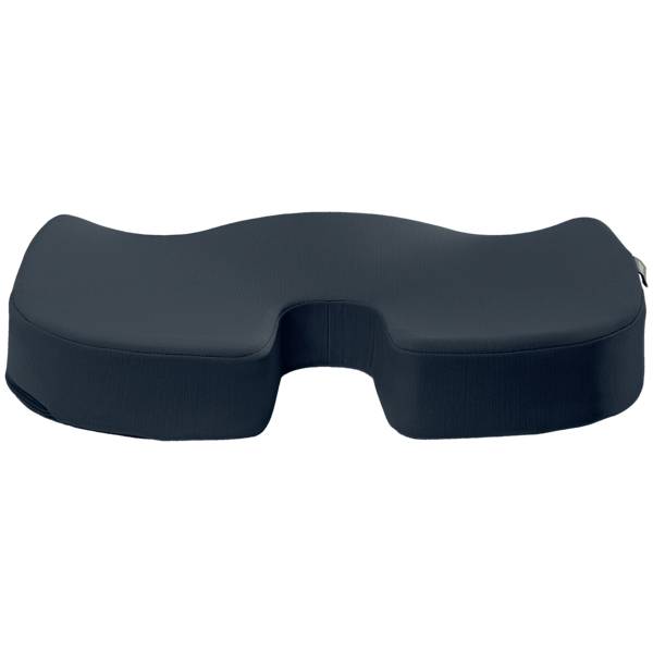 Zwart orthopedisch zitkussen met ergonomische vorm ter ondersteuning van de wervelkolom en drukverlichting tijdens het zitten.