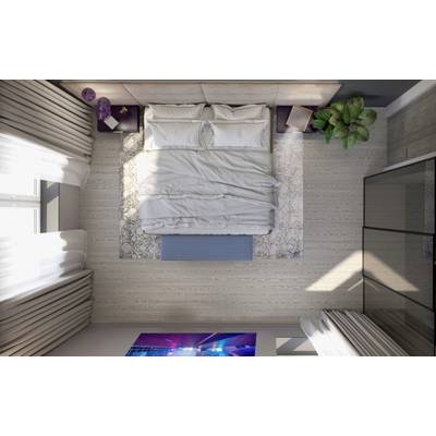 Bovenaanzicht van een modern slaapkamerinterieur met een tweepersoonsbed, twee nachtkastjes, een vloerkleed, planten, ramen en wanddecoratie.