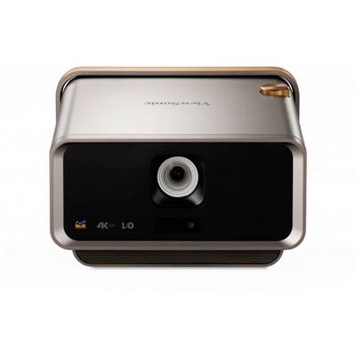 Een zilveren projector met afgeronde hoeken, een centrale lens en een merklogo bovenaan. Hij ondersteunt 4K- en LED-technologie.