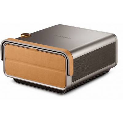 Compacte, moderne mini-oven met een metalen behuizing en oranje accenten. Geschikt voor kleine keukens of beperkte ruimtes.