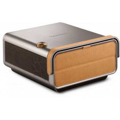 Een draagbare projector met een modern design, een behuizing van zilver en een oranje, leren voorkant.