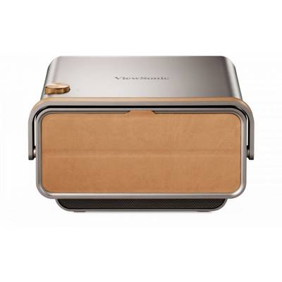 Een stijlvolle, compacte projector met een metalen behuizing en een lichte oranje accent aan de voorkant.