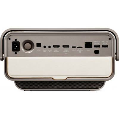 Achterkant van een elektronisch apparaat met meerdere aansluitingen: stroom, HDMI, Audio-In, Audio-Out, USB, LAN en Micro-USB.