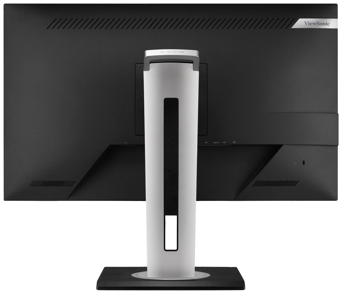 De monitor toont de achterkant met een slanke standaard en VESA-bevestiging, geschikt voor bureauworkstations.