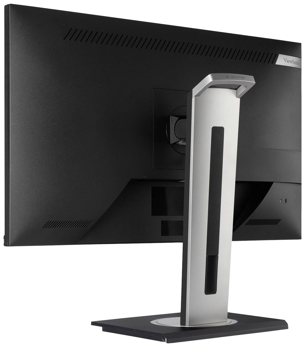 Een computerscherm in zwarte kleur, van achteren gezien, op een zilveren standaard met rechthoekige voet.